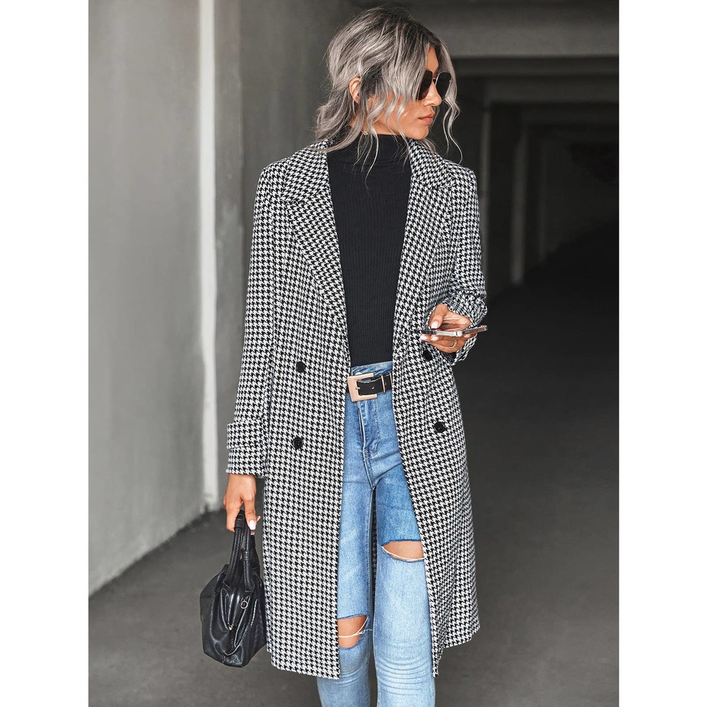 Houndstooth Lapel Collar Double Breasted Overcoat pea coat - Picture 4 of 8